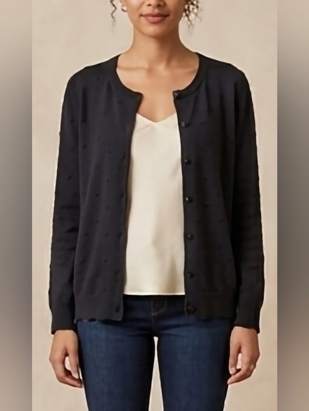 Talbots 100%Cotton Textured Dots Crewneck Button-Front Sweater Cardigan Black XL